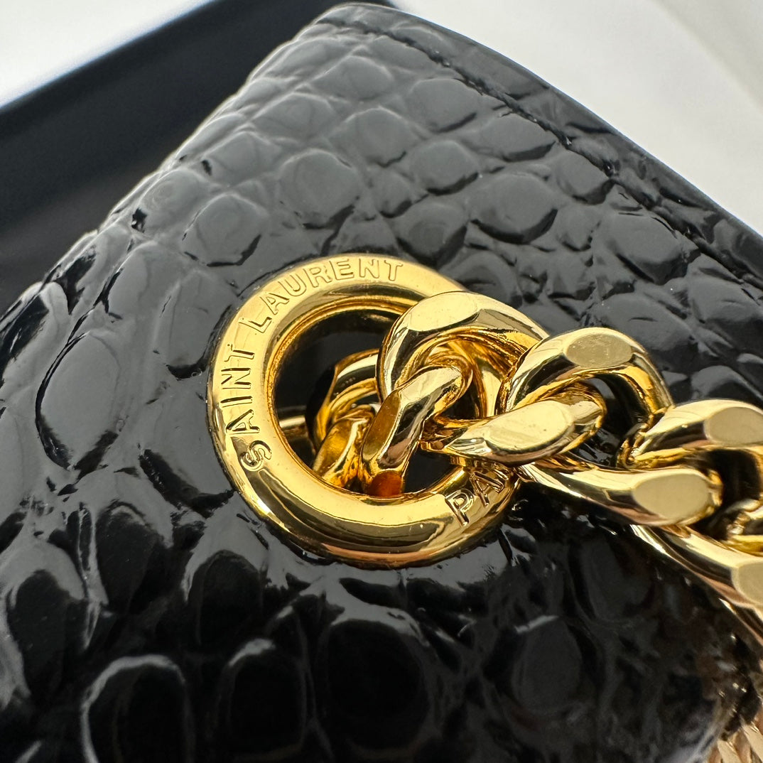 Saint Laurent Kate Tassel 20 Black Crocodile Pattern Calfskin with Gold Logo Bag