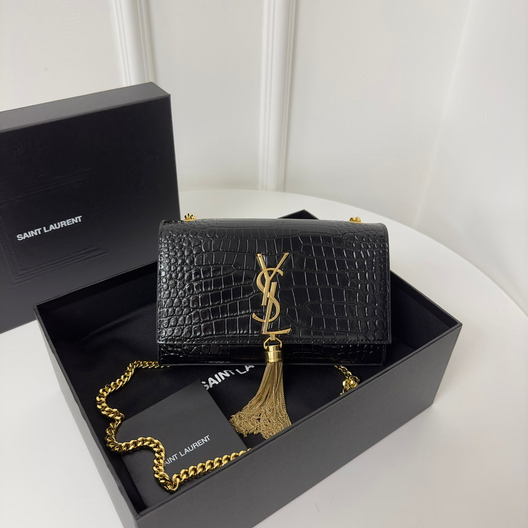 Saint Laurent Kate Tassel 20 Black Crocodile Pattern Calfskin with Gold Logo Bag