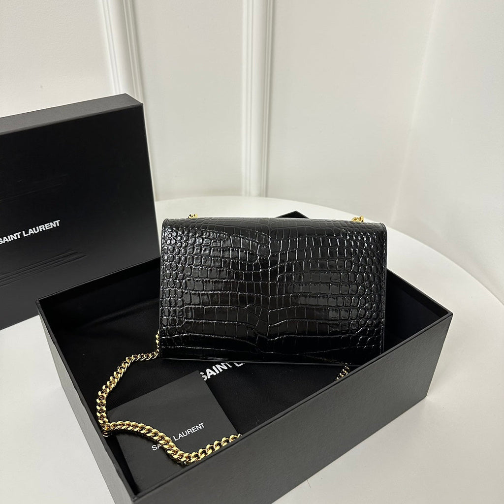 Saint Laurent Kate Tassel 20 Black Crocodile Pattern Calfskin with Gold Logo Bag