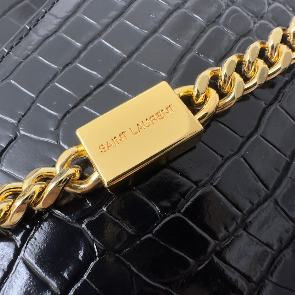 Saint Laurent Kate Tassel 20 Black Crocodile Pattern Calfskin with Gold Logo Bag