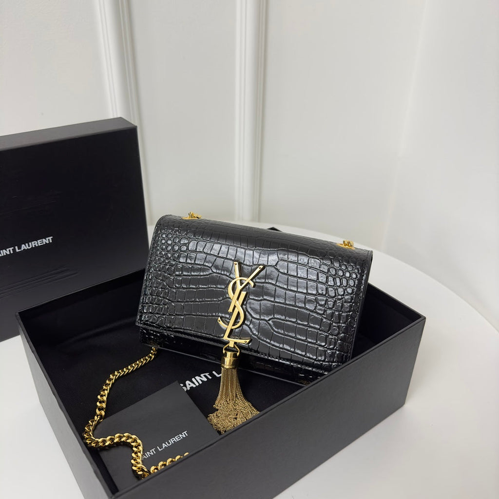 Saint Laurent Kate Tassel 20 Black Crocodile Pattern Calfskin with Gold Logo Bag
