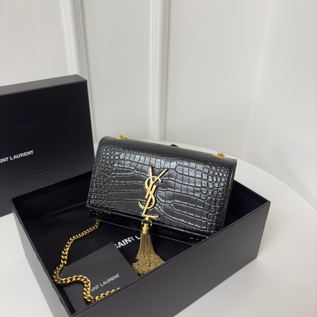 Saint Laurent Kate Tassel 20 Black Crocodile Pattern Calfskin with Gold Logo Bag