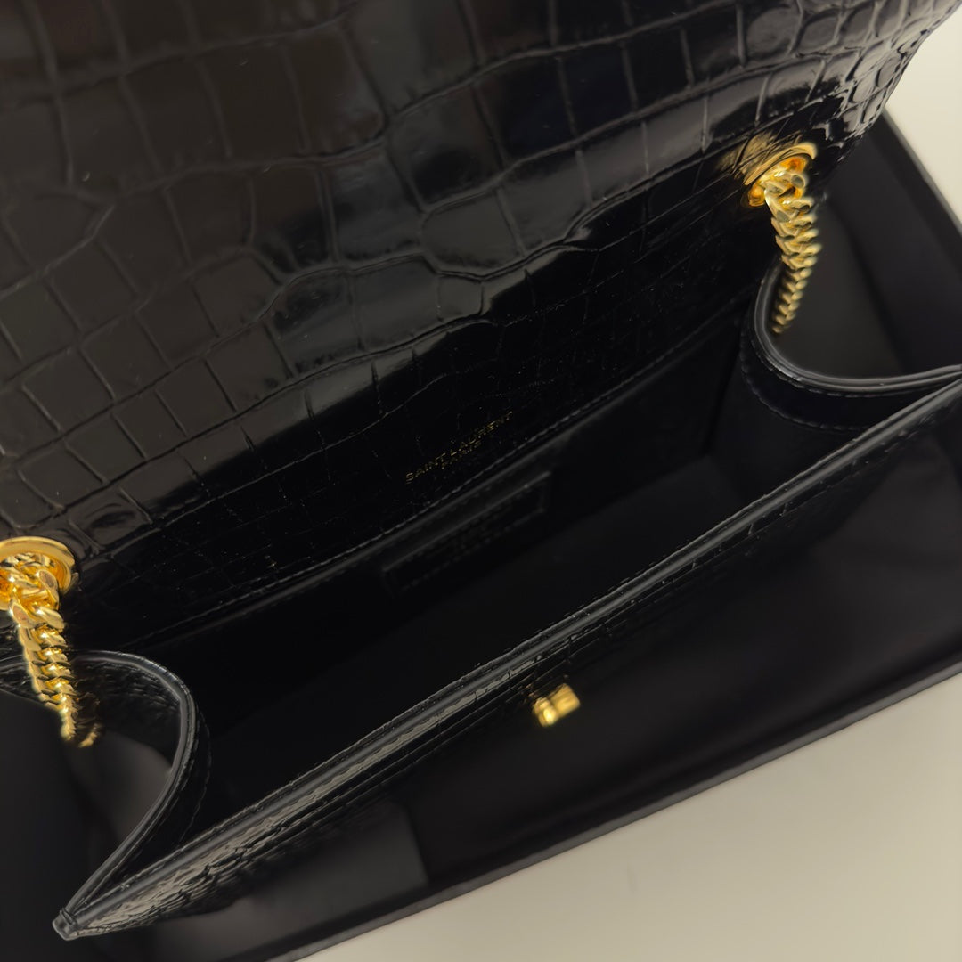 Saint Laurent Kate Tassel 20 Black Crocodile Pattern Calfskin with Gold Logo Bag