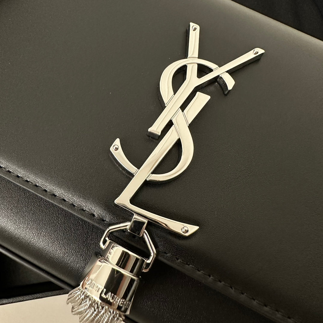Saint Laurent Kate Tassel 20 Black Calfskin with Silver Logo Bag