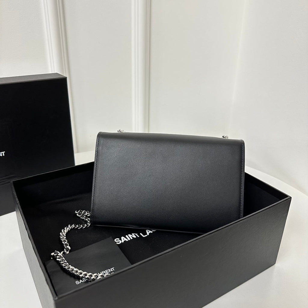 Saint Laurent Kate Tassel 20 Black Calfskin with Silver Logo Bag