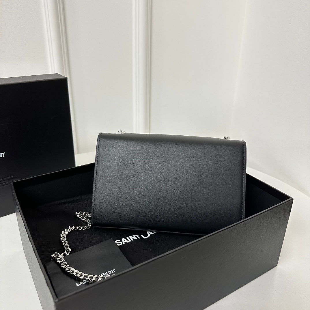 Saint Laurent Kate Tassel 20 Black Calfskin with Silver Logo Bag