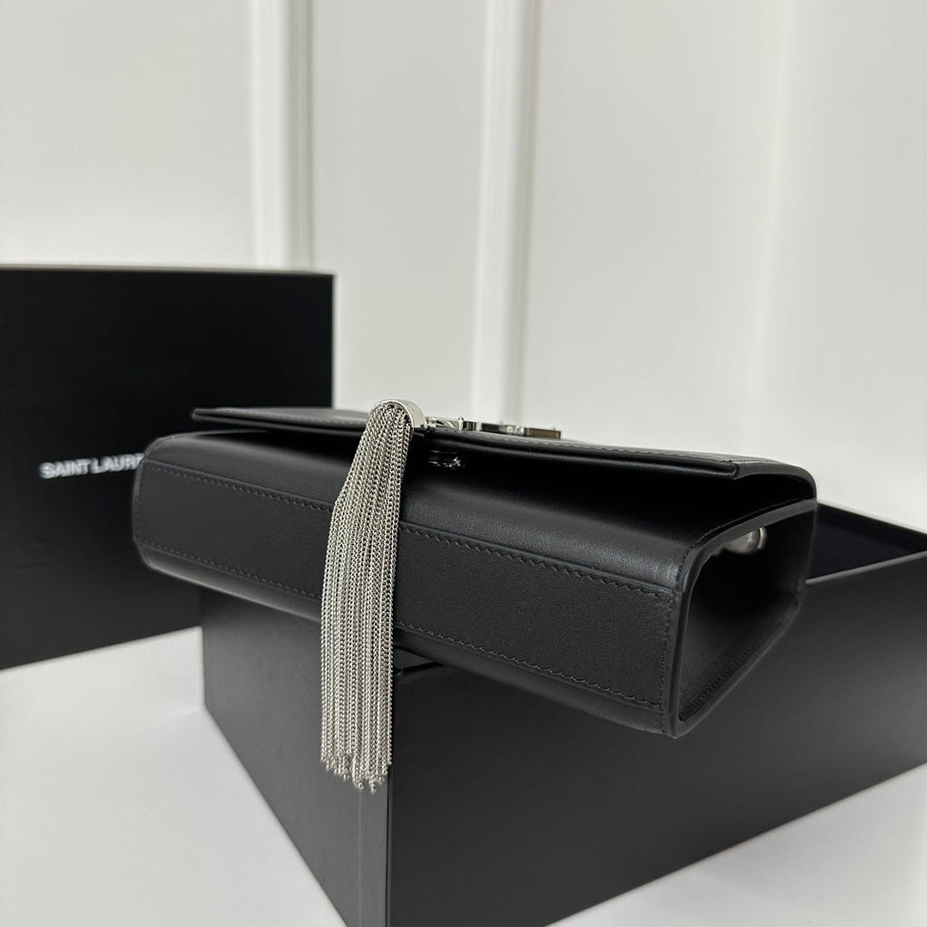 Saint Laurent Kate Tassel 20 Black Calfskin with Silver Logo Bag