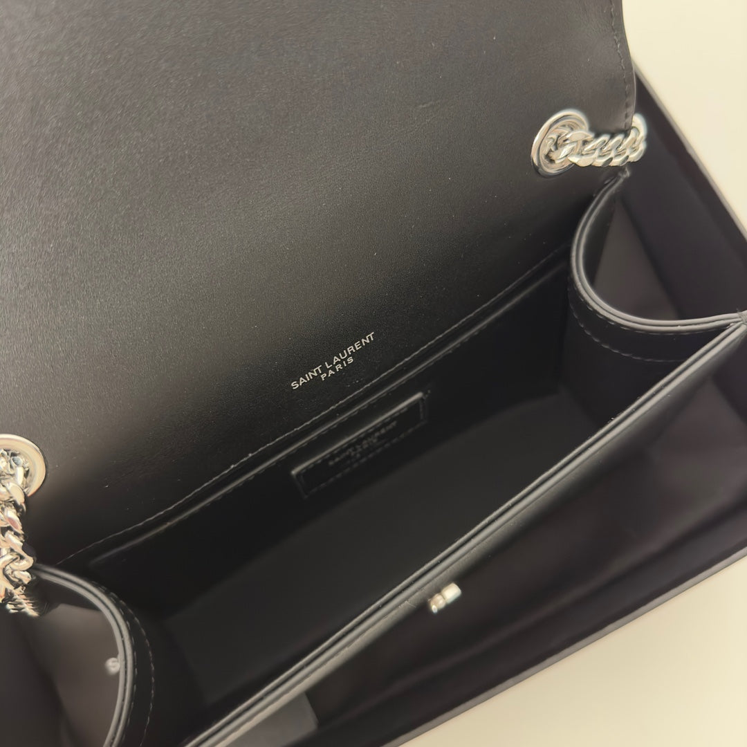 Saint Laurent Kate Tassel 20 Black Calfskin with Silver Logo Bag