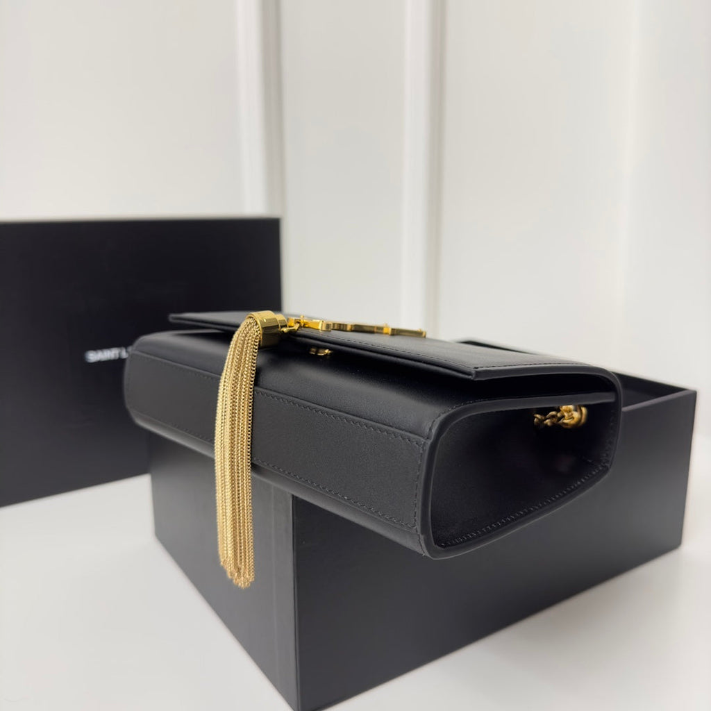Saint Laurent Kate Tassel 20 Black Calfskin with Gold Logo Bag