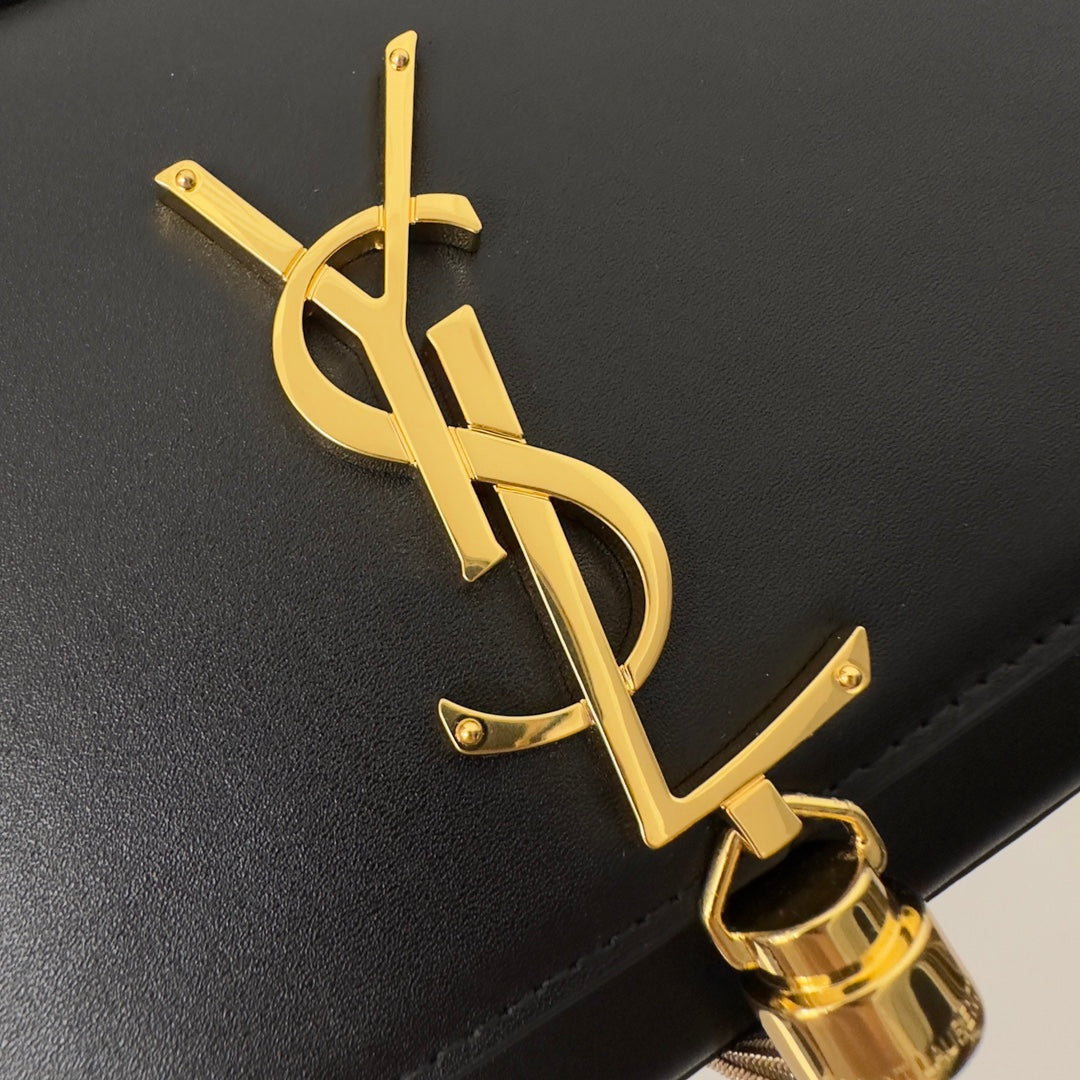 Saint Laurent Kate Tassel 20 Black Calfskin with Gold Logo Bag