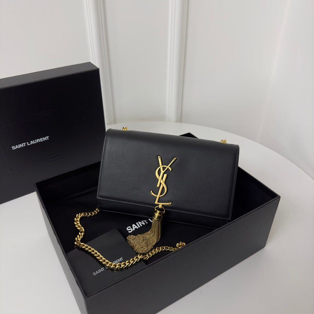 Saint Laurent Kate Tassel 20 Black Calfskin with Gold Logo Bag