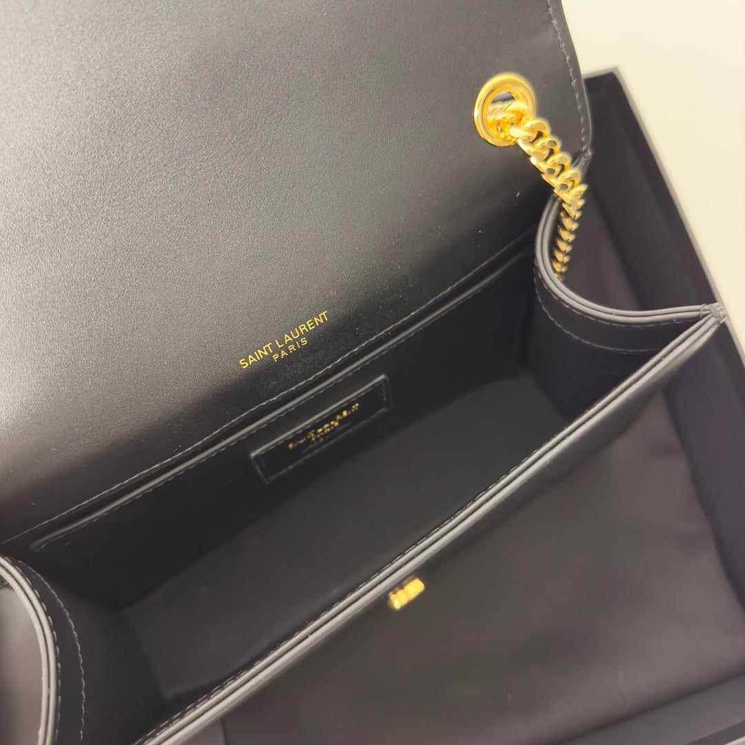 Saint Laurent Kate Tassel 20 Black Calfskin with Gold Logo Bag