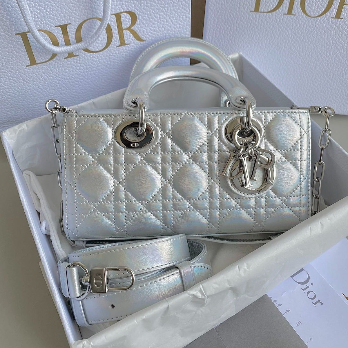 Dior D-Joy Bag 22 in Silver Lambskin