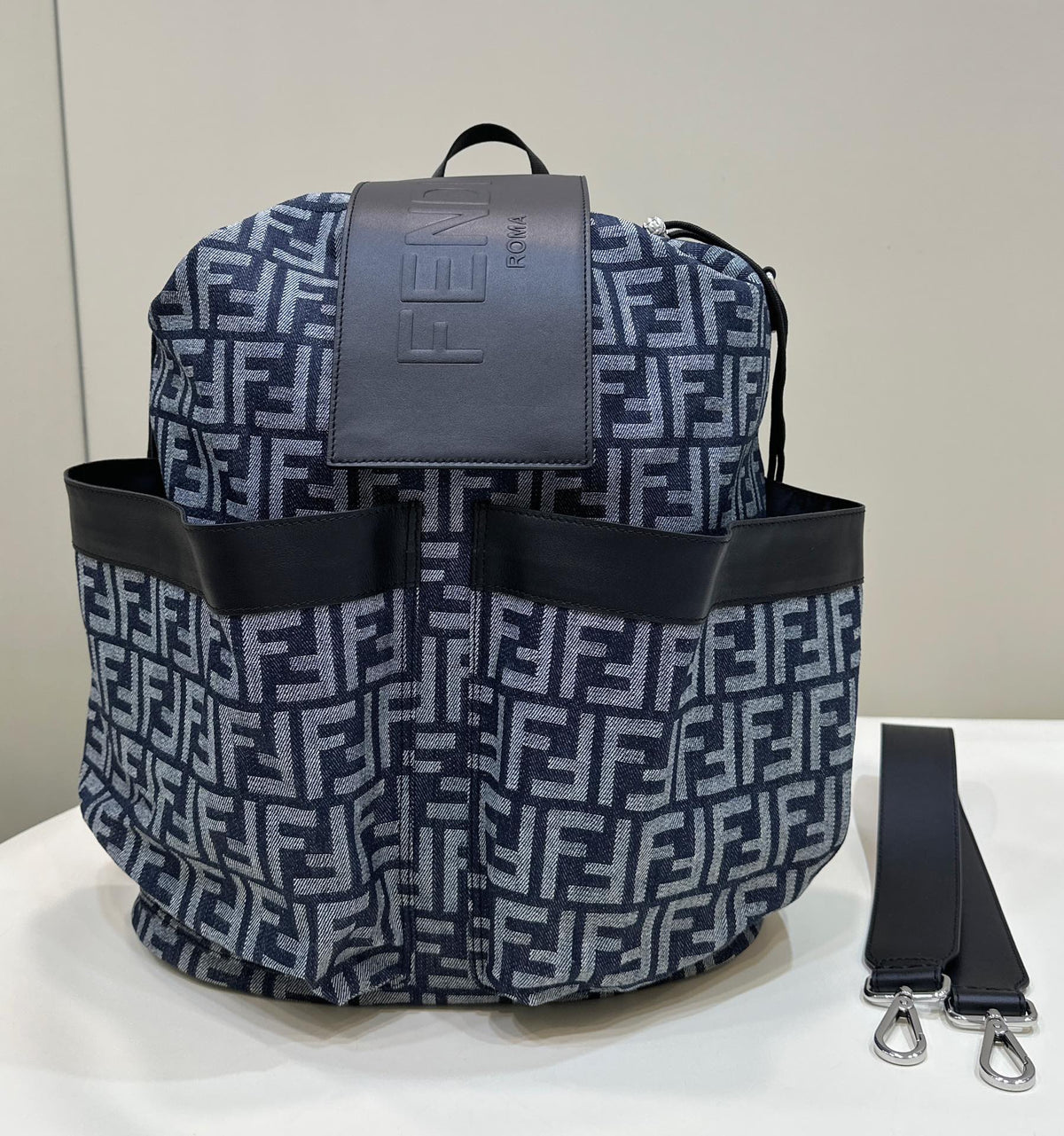Fendi Strike Large 46 Ff Midnight Blue Jacquard Fabric Backpack