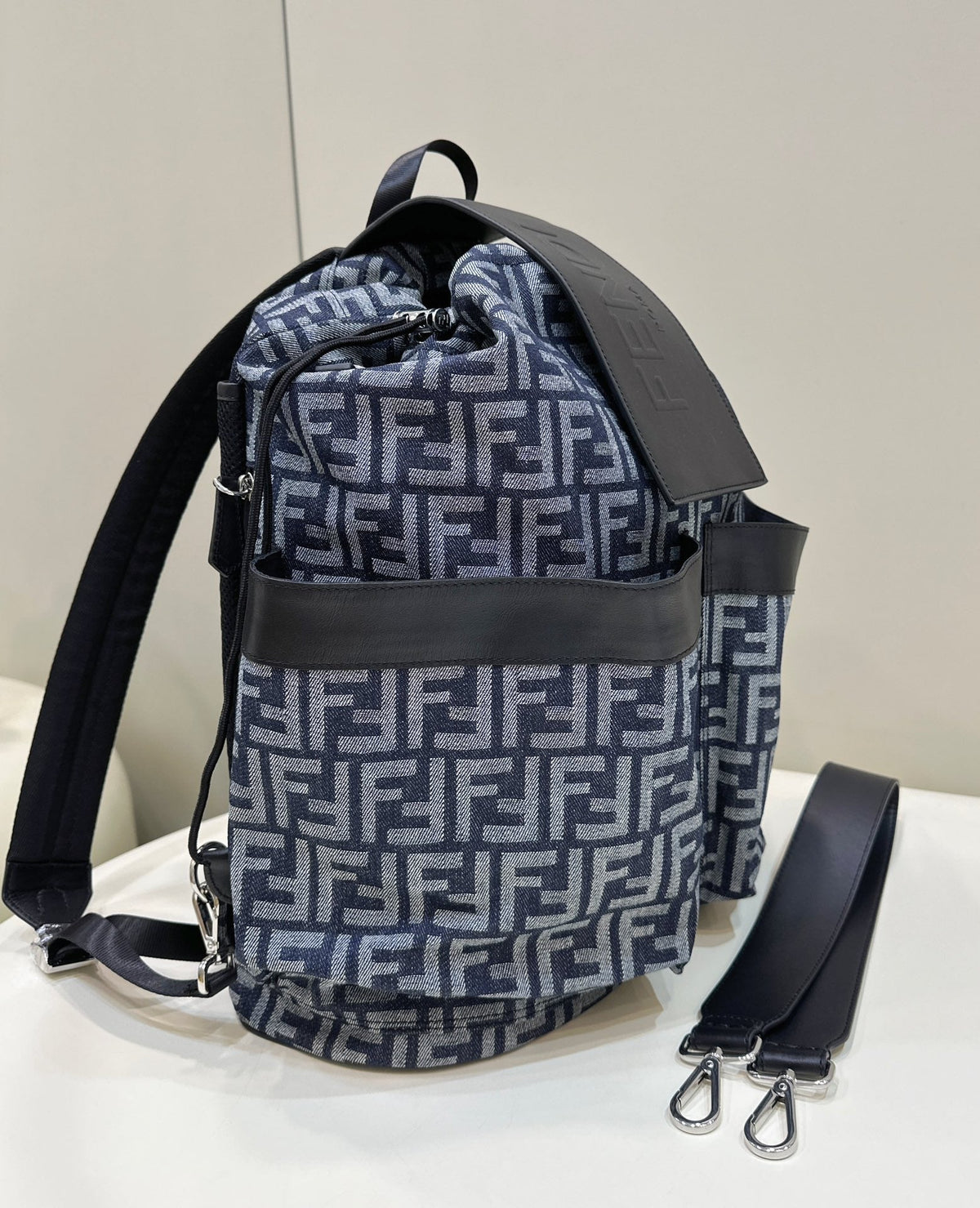 Fendi Strike Large 46 Ff Midnight Blue Jacquard Fabric Backpack