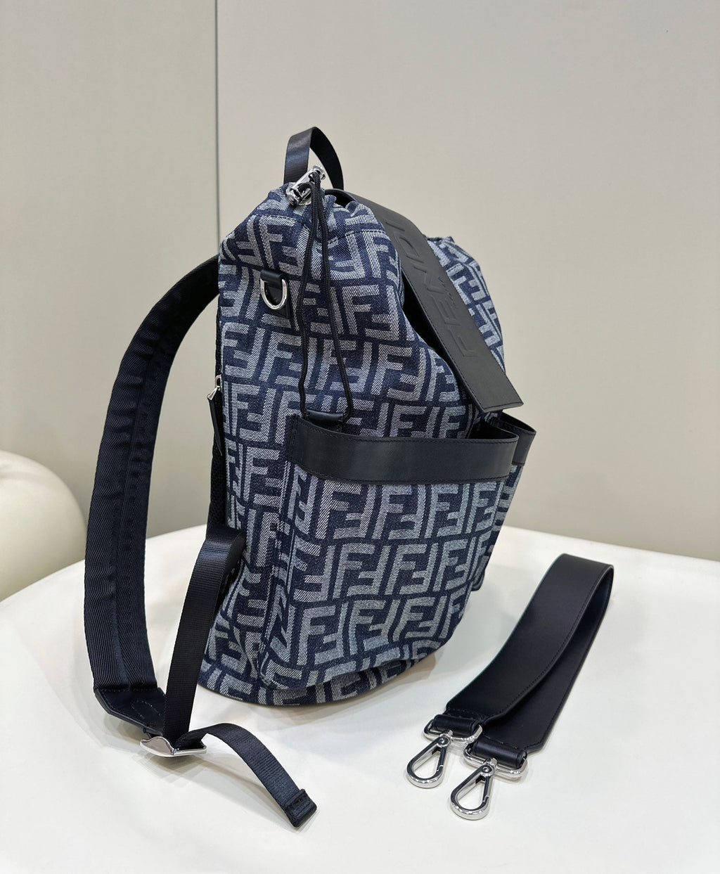 Fendi Strike 41 Medium Ff Midnight Blue Jacquard Fabric Backpack