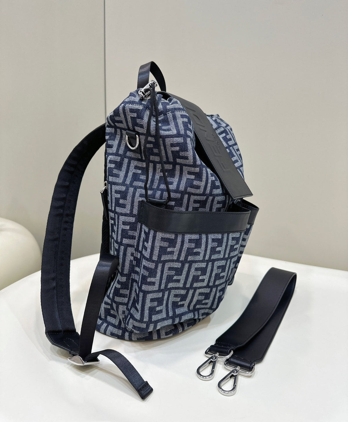 Fendi Strike 41 Medium Ff Midnight Blue Jacquard Fabric Backpack
