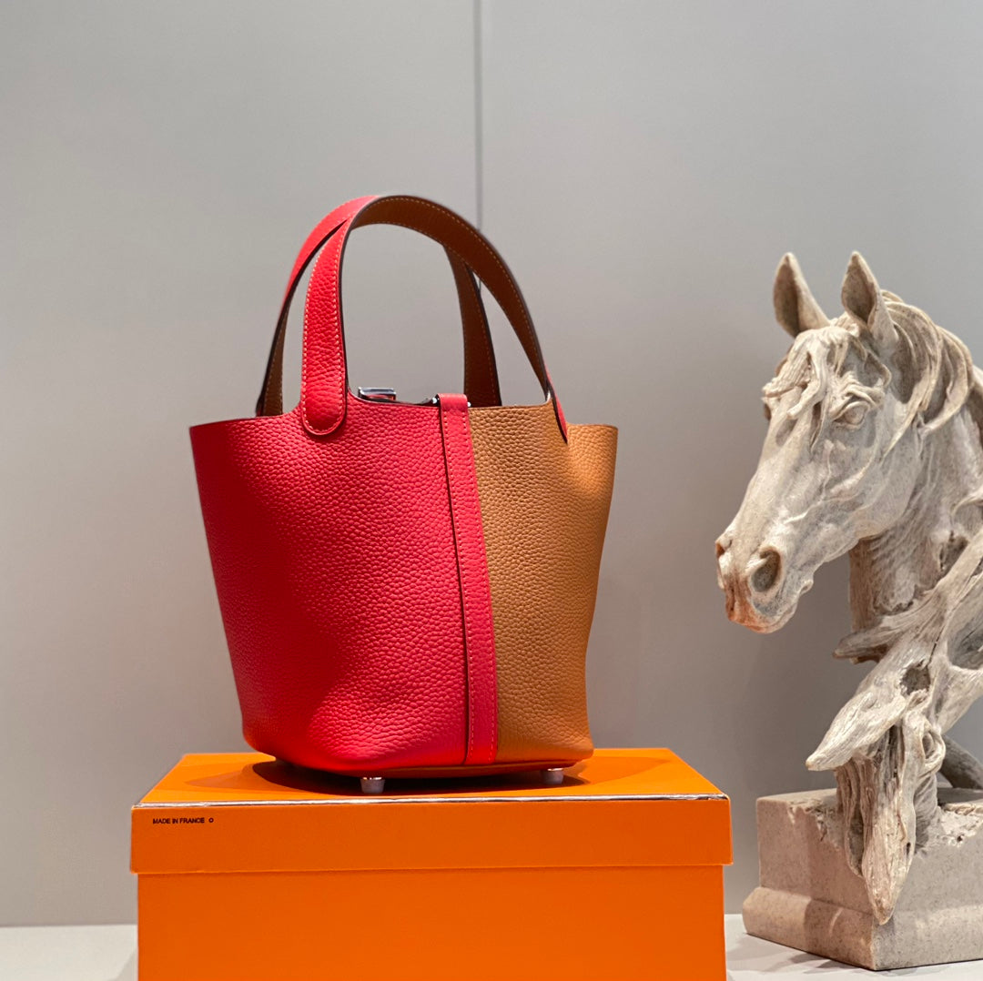 Hermes 25S Picotin Lock 18 in Golden Brown and Red Calfskin Silver Hardware Bag