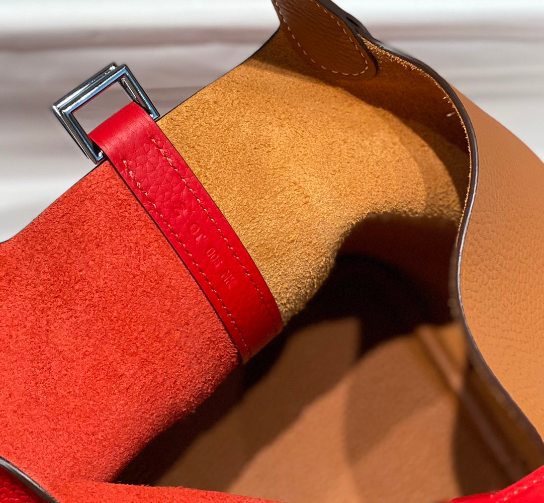 Hermes 25S Picotin Lock 18 in Golden Brown and Red Calfskin Silver Hardware Bag