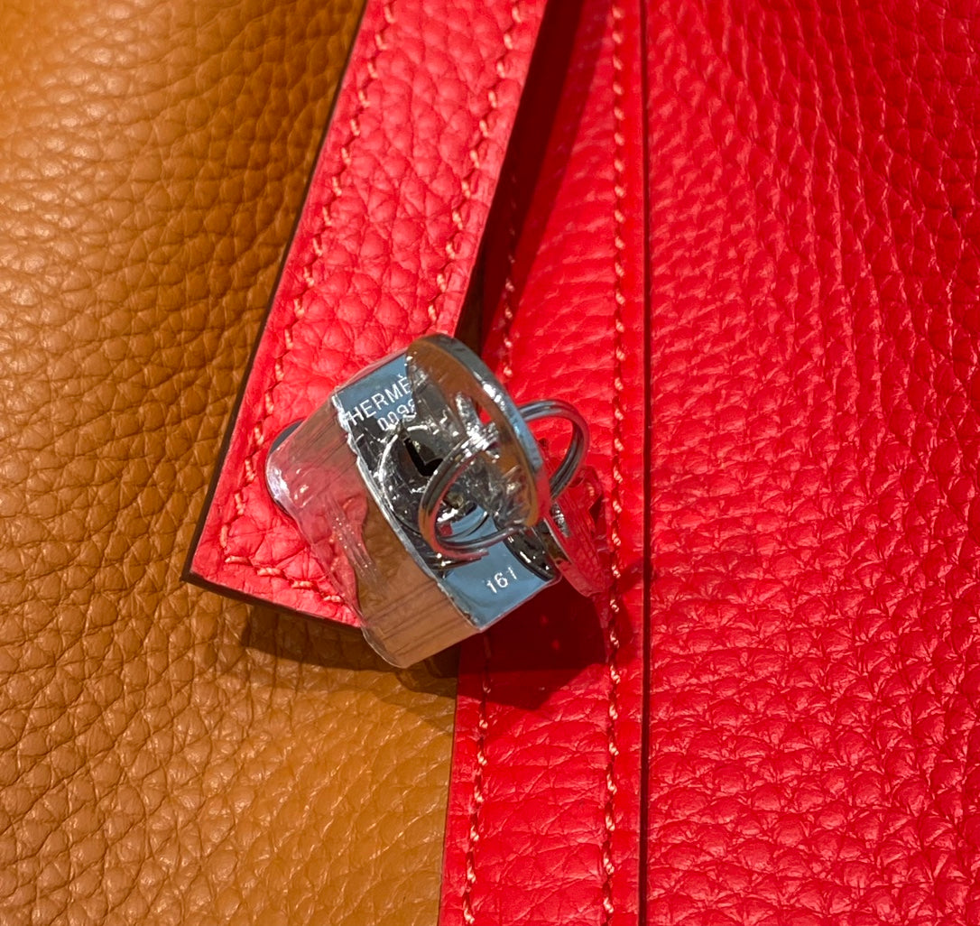 Hermes 25S Picotin Lock 18 in Golden Brown and Red Calfskin Silver Hardware Bag
