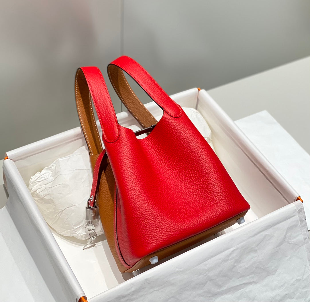 Hermes 25S Picotin Lock 18 in Golden Brown and Red Calfskin Silver Hardware Bag