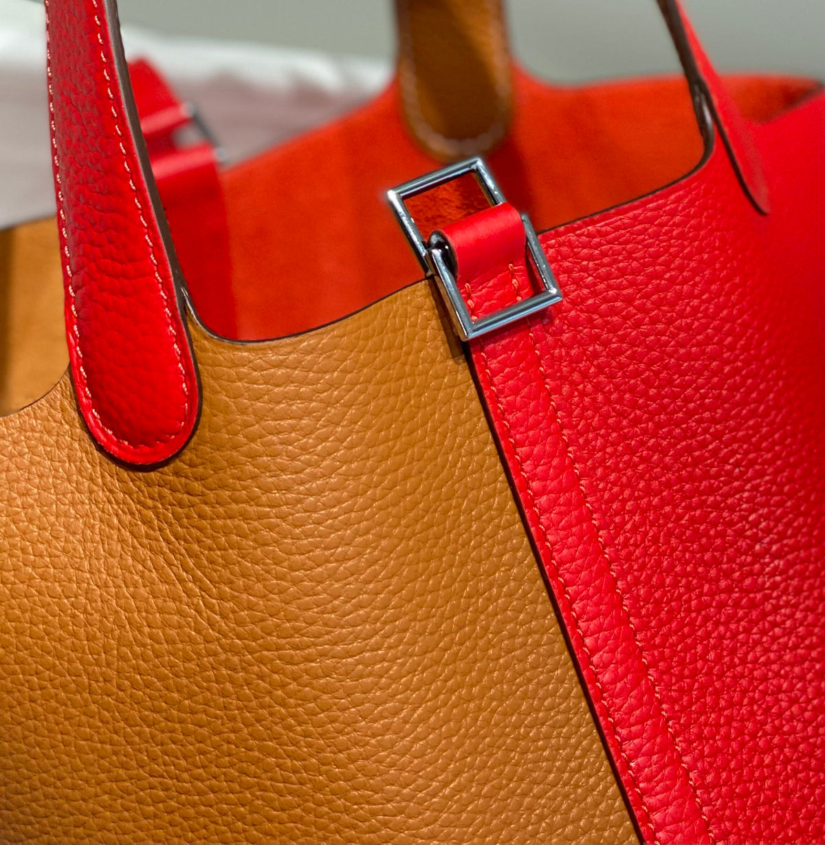 Hermes 25S Picotin Lock 18 in Golden Brown and Red Calfskin Silver Hardware Bag