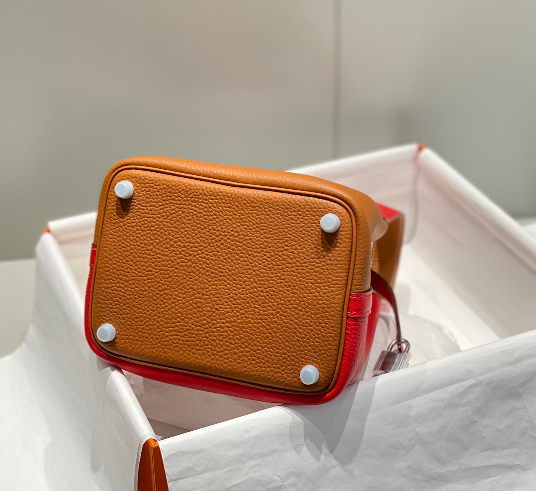 Hermes 25S Picotin Lock 18 in Golden Brown and Red Calfskin Silver Hardware Bag