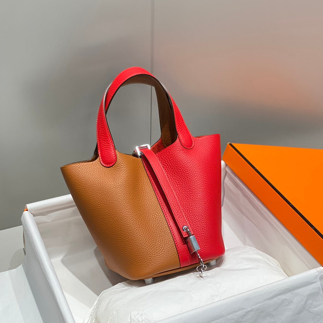 Hermes 25S Picotin Lock 18 in Golden Brown and Red Calfskin Silver Hardware Bag