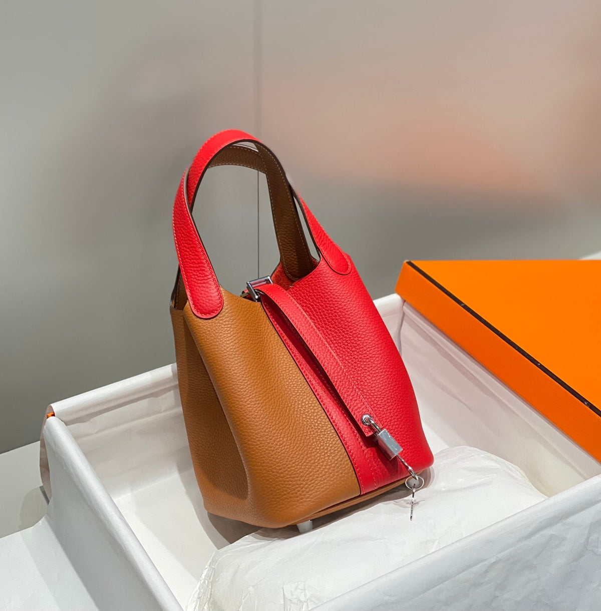 Hermes 25S Picotin Lock 18 in Golden Brown and Red Calfskin Silver Hardware Bag