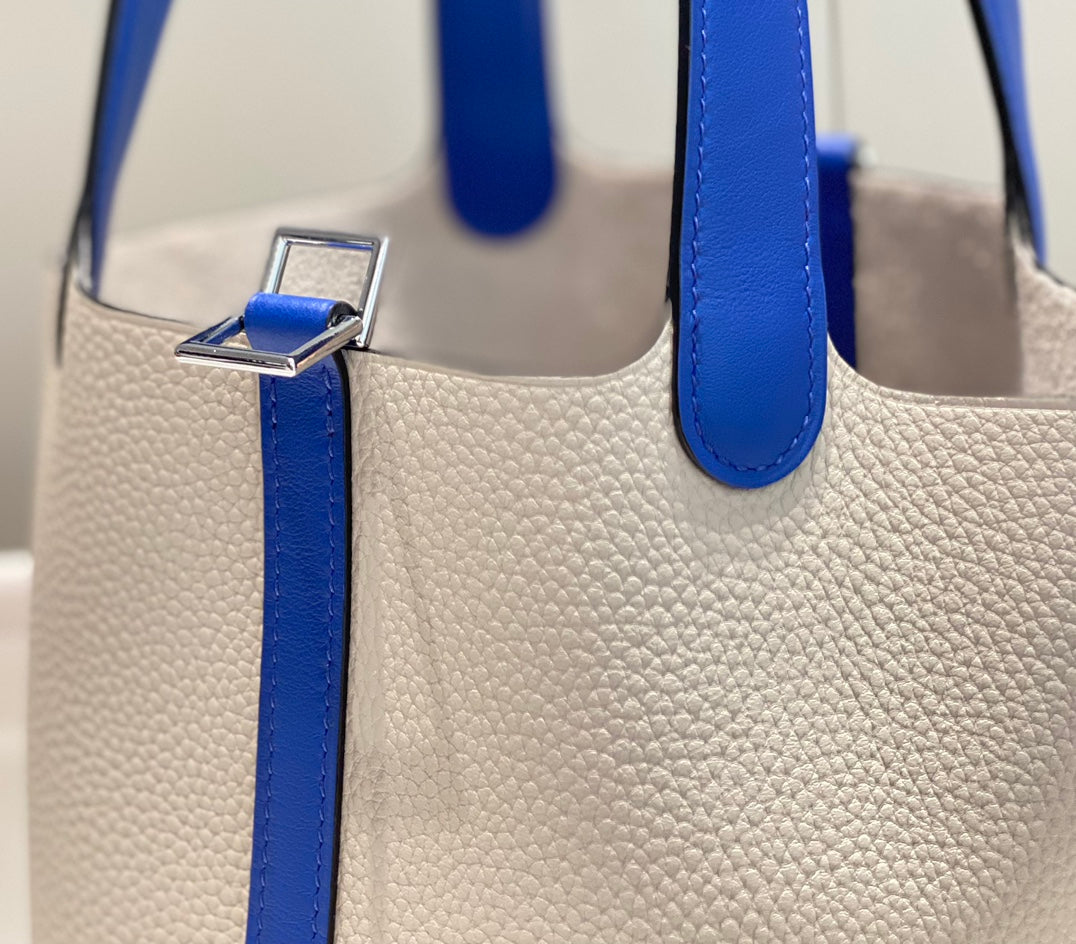 Hermes 25S Picotin Lock 18 in Pearl Gray and Electric Blue Calfskin Silver Hardware Bag
