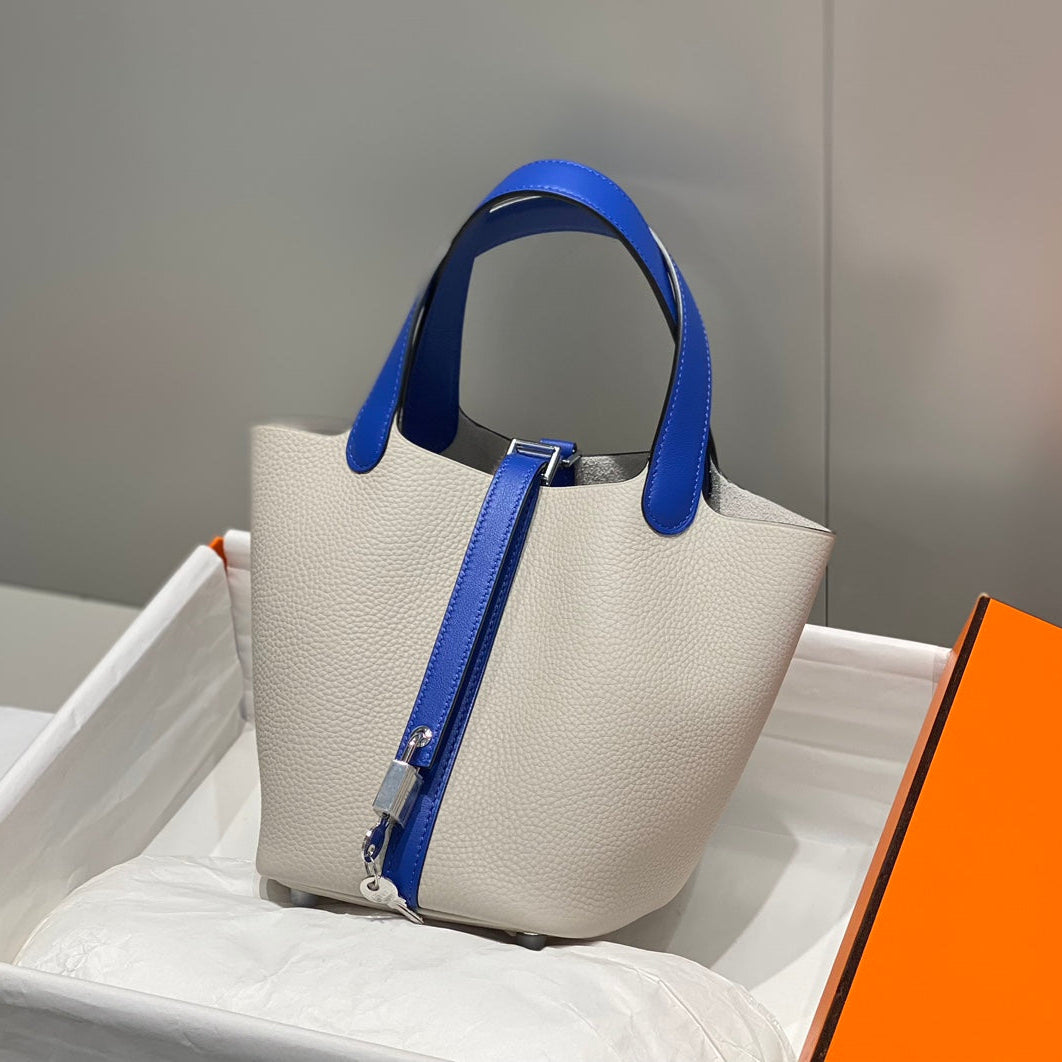 Hermes 25S Picotin Lock 18 in Pearl Gray and Electric Blue Calfskin Silver Hardware Bag