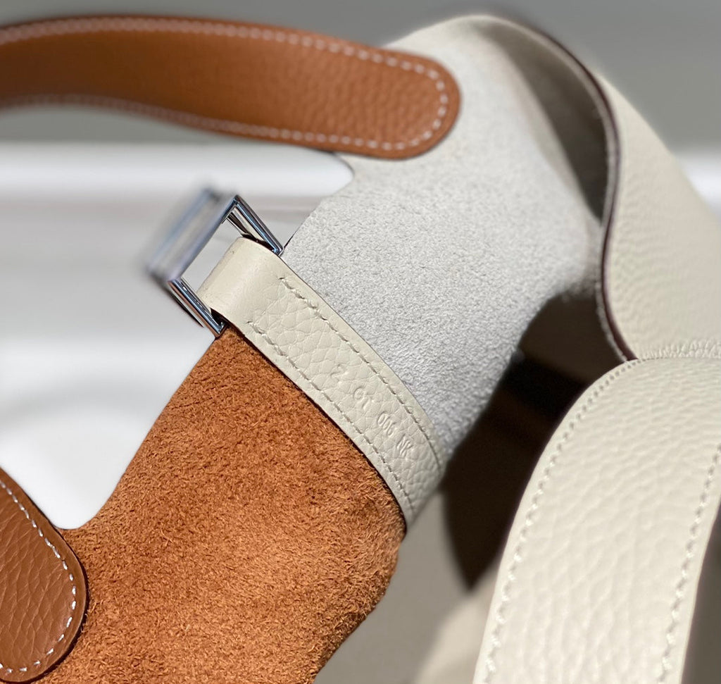 Hermes 25S Picotin Lock 18 in White and Brown Calfskin Silver Hardware Bag