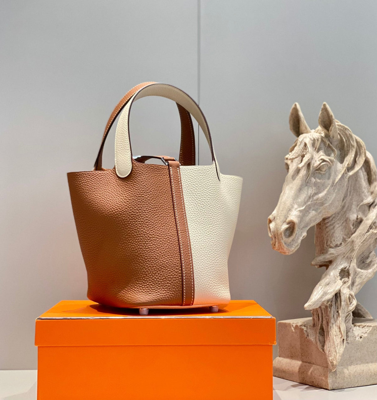 Hermes 25S Picotin Lock 18 in White and Brown Calfskin Silver Hardware Bag