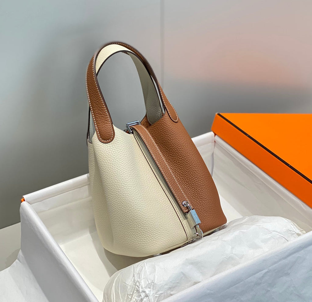 Hermes 25S Picotin Lock 18 in White and Brown Calfskin Silver Hardware Bag
