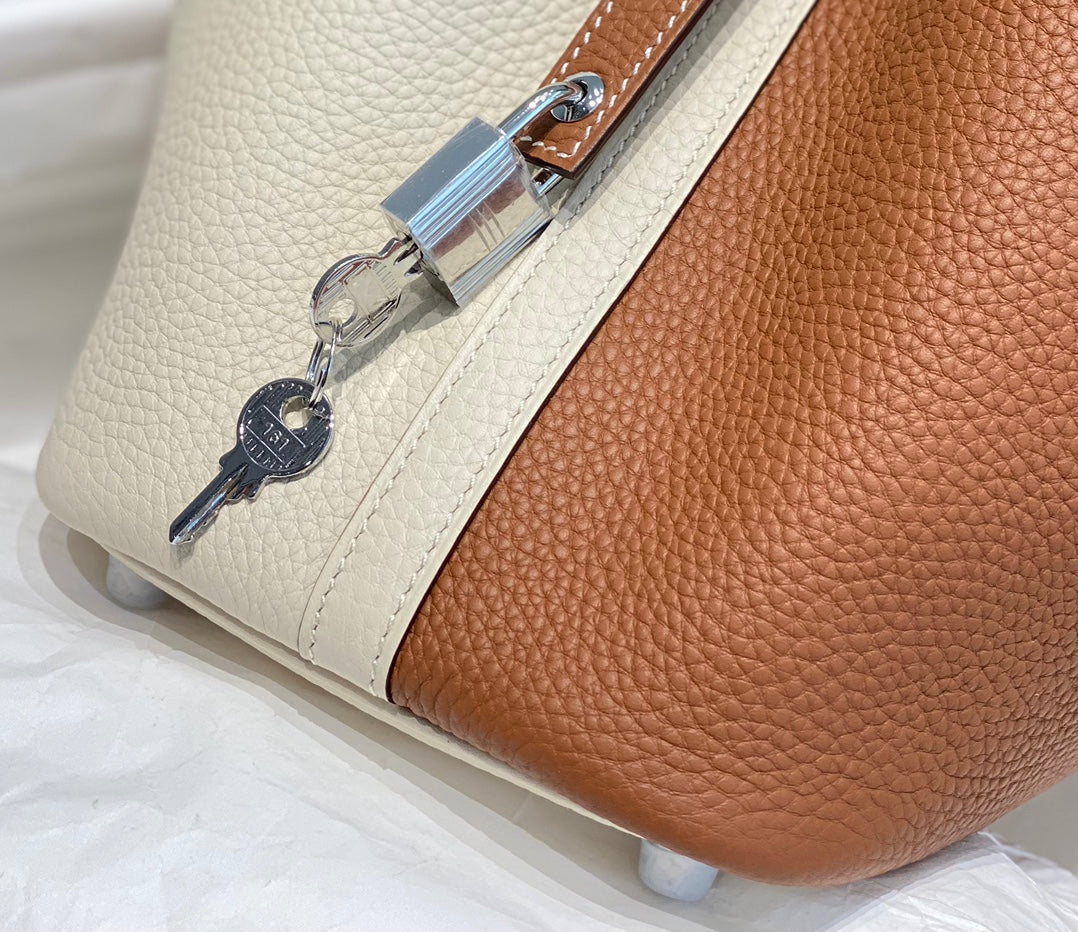 Hermes 25S Picotin Lock 18 in White and Brown Calfskin Silver Hardware Bag
