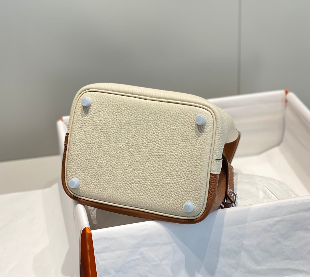 Hermes 25S Picotin Lock 18 in White and Brown Calfskin Silver Hardware Bag