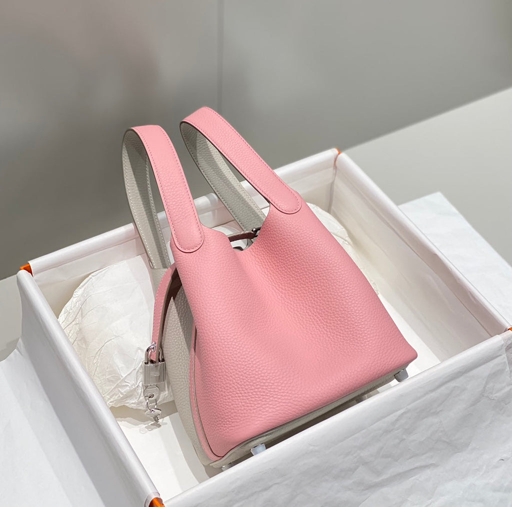 Hermes 25S Picotin Lock 18 in Pink and Light Gray Calfskin Silver Hardware Bag