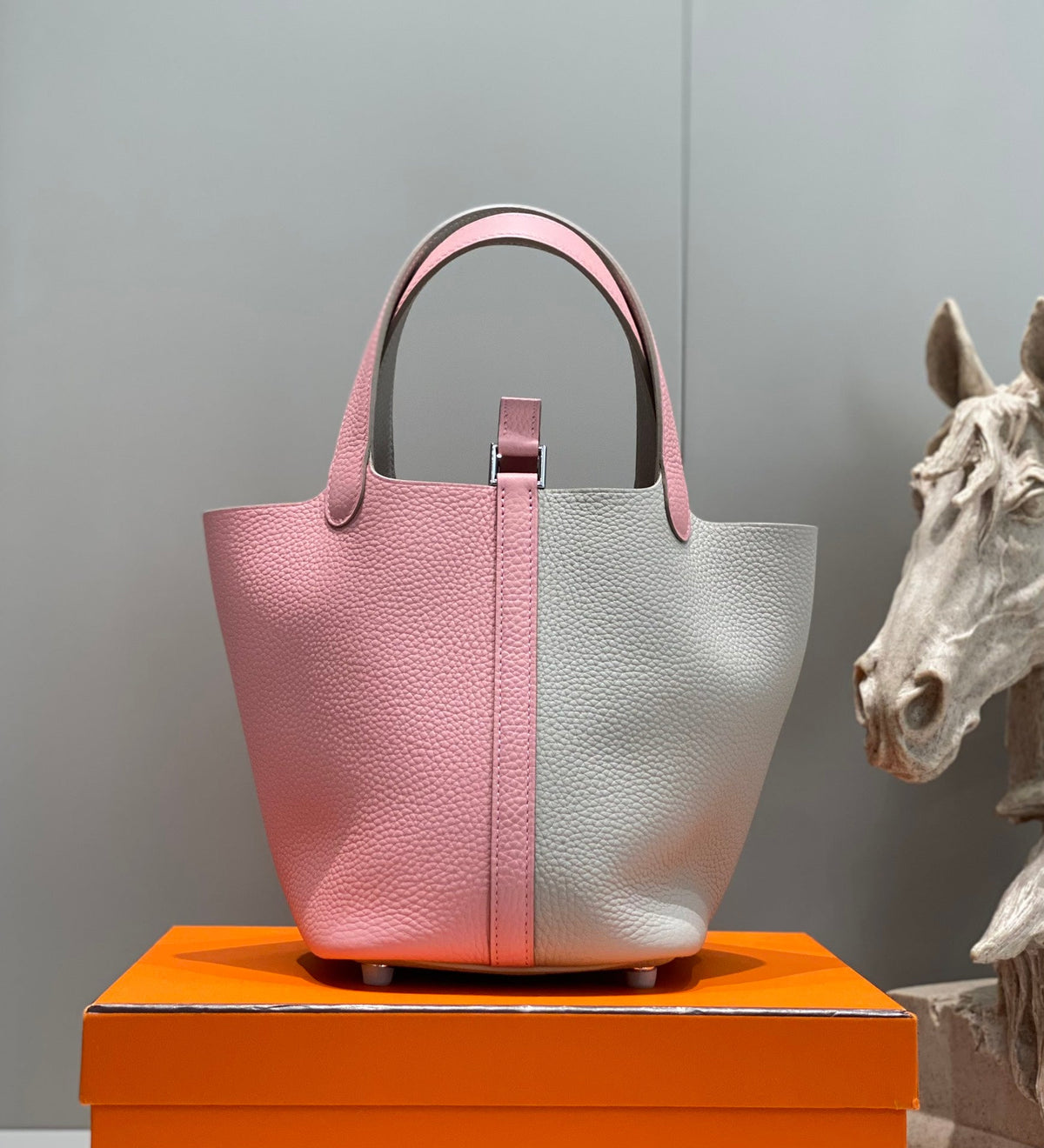 Hermes 25S Picotin Lock 18 in Pink and Light Gray Calfskin Silver Hardware Bag