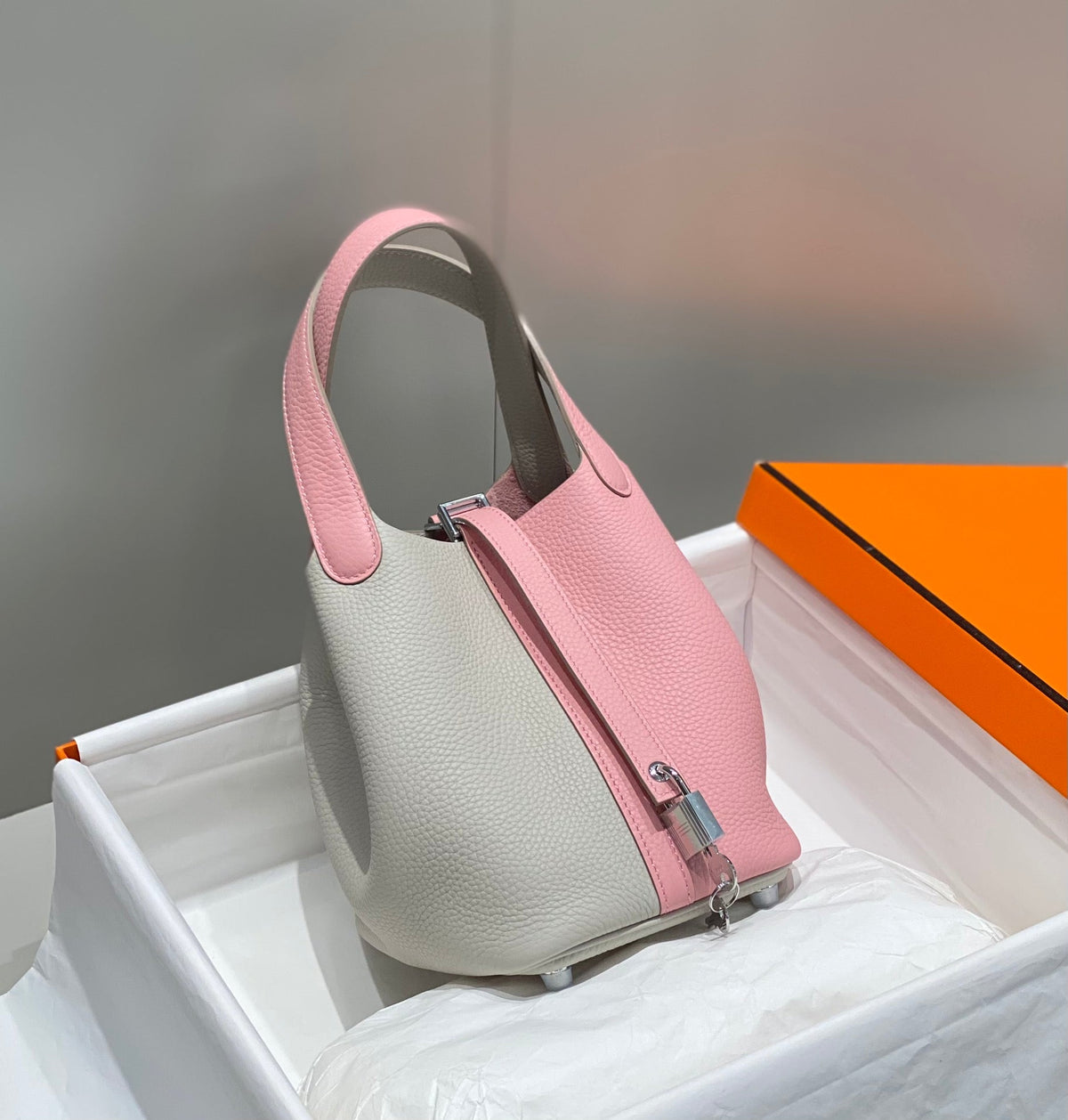 Hermes 25S Picotin Lock 18 in Pink and Light Gray Calfskin Silver Hardware Bag
