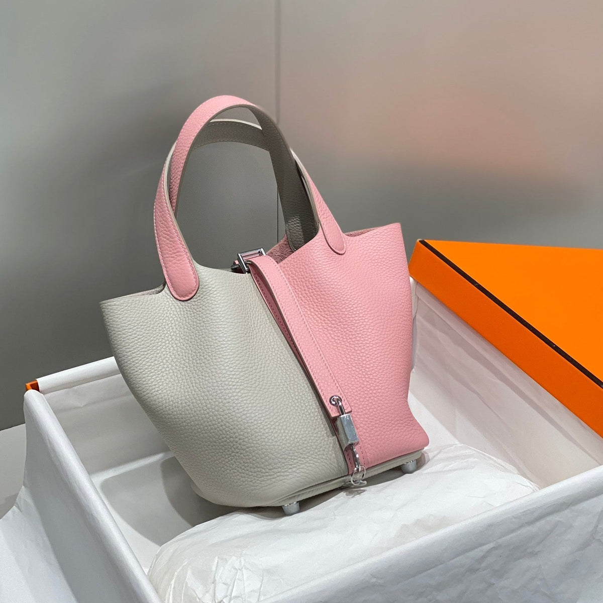 Hermes 25S Picotin Lock 18 in Pink and Light Gray Calfskin Silver Hardware Bag