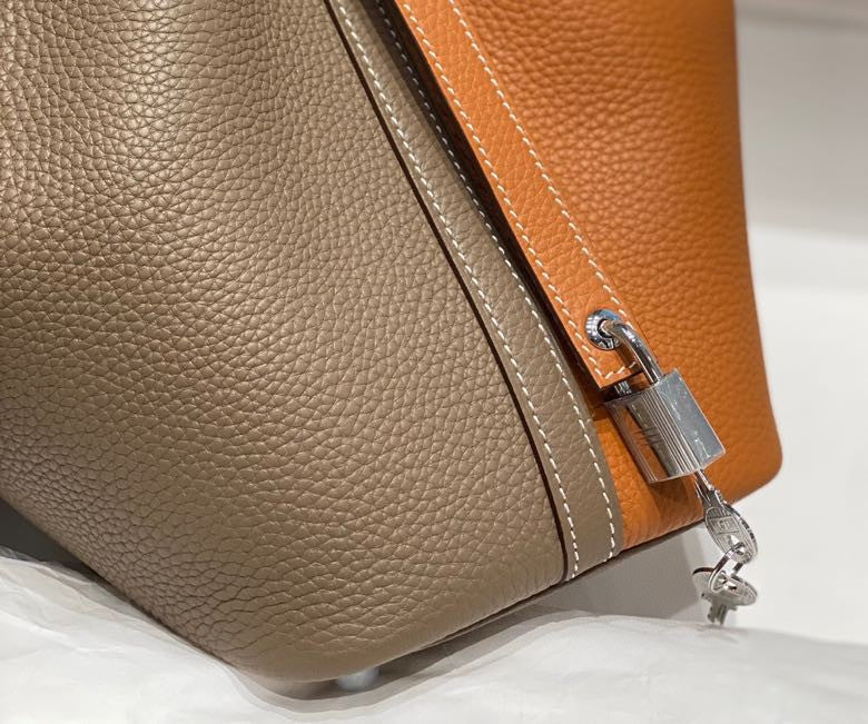 Hermes 25S Picotin Lock 18 in Brown and Orange Combination Calfskin Silver Hardware Bag