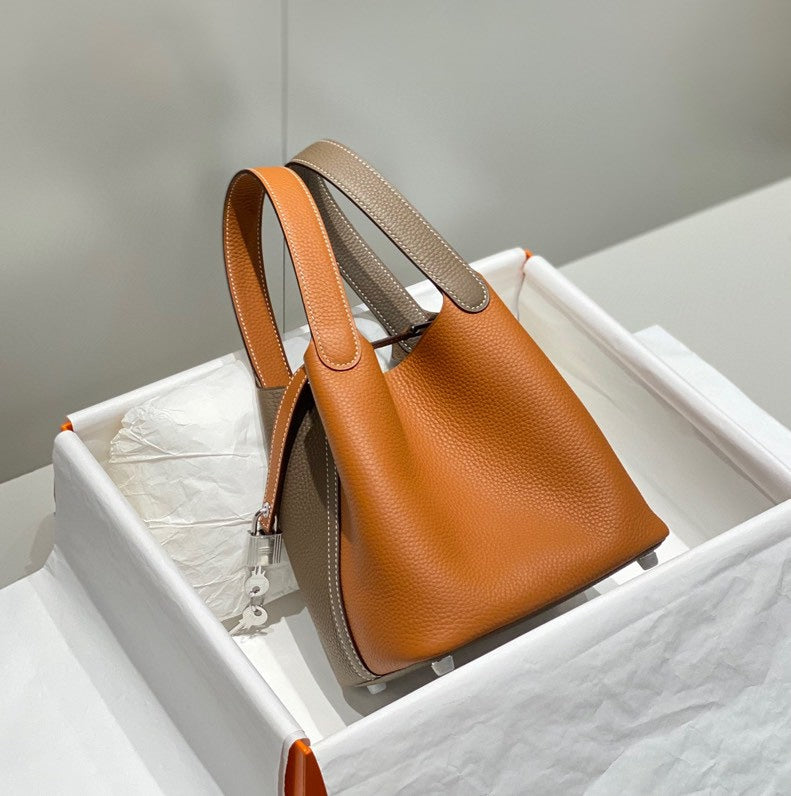 Hermes 25S Picotin Lock 18 in Brown and Orange Combination Calfskin Silver Hardware Bag
