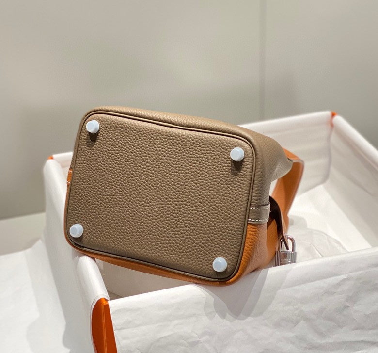 Hermes 25S Picotin Lock 18 in Brown and Orange Combination Calfskin Silver Hardware Bag