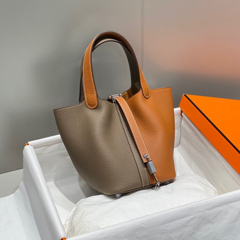 Hermes 25S Picotin Lock 18 in Brown and Orange Combination Calfskin Silver Hardware Bag