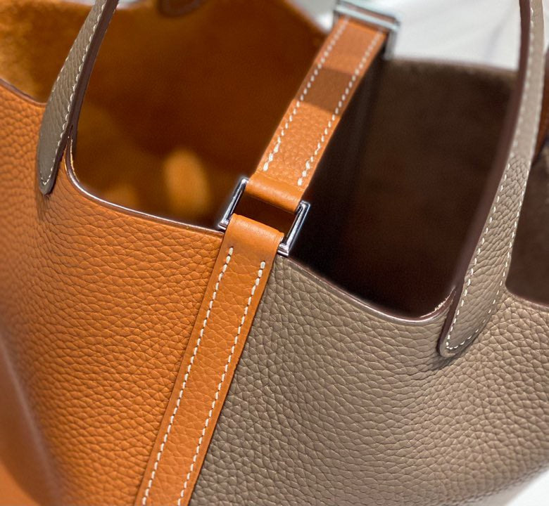 Hermes 25S Picotin Lock 18 in Brown and Orange Combination Calfskin Silver Hardware Bag