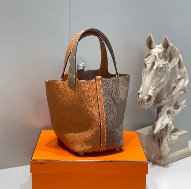 Hermes 25S Picotin Lock 18 in Brown and Orange Combination Calfskin Silver Hardware Bag