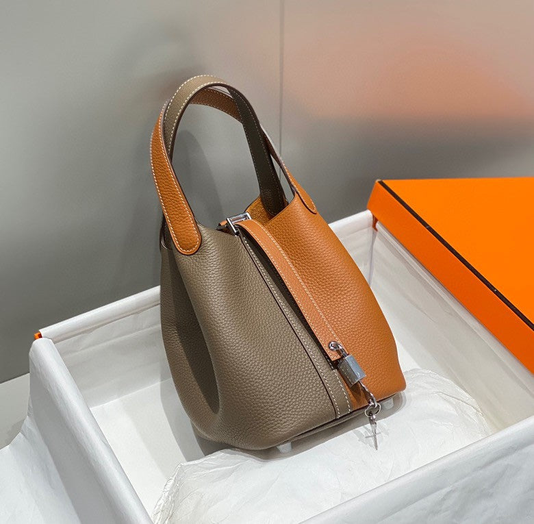 Hermes 25S Picotin Lock 18 in Brown and Orange Combination Calfskin Silver Hardware Bag
