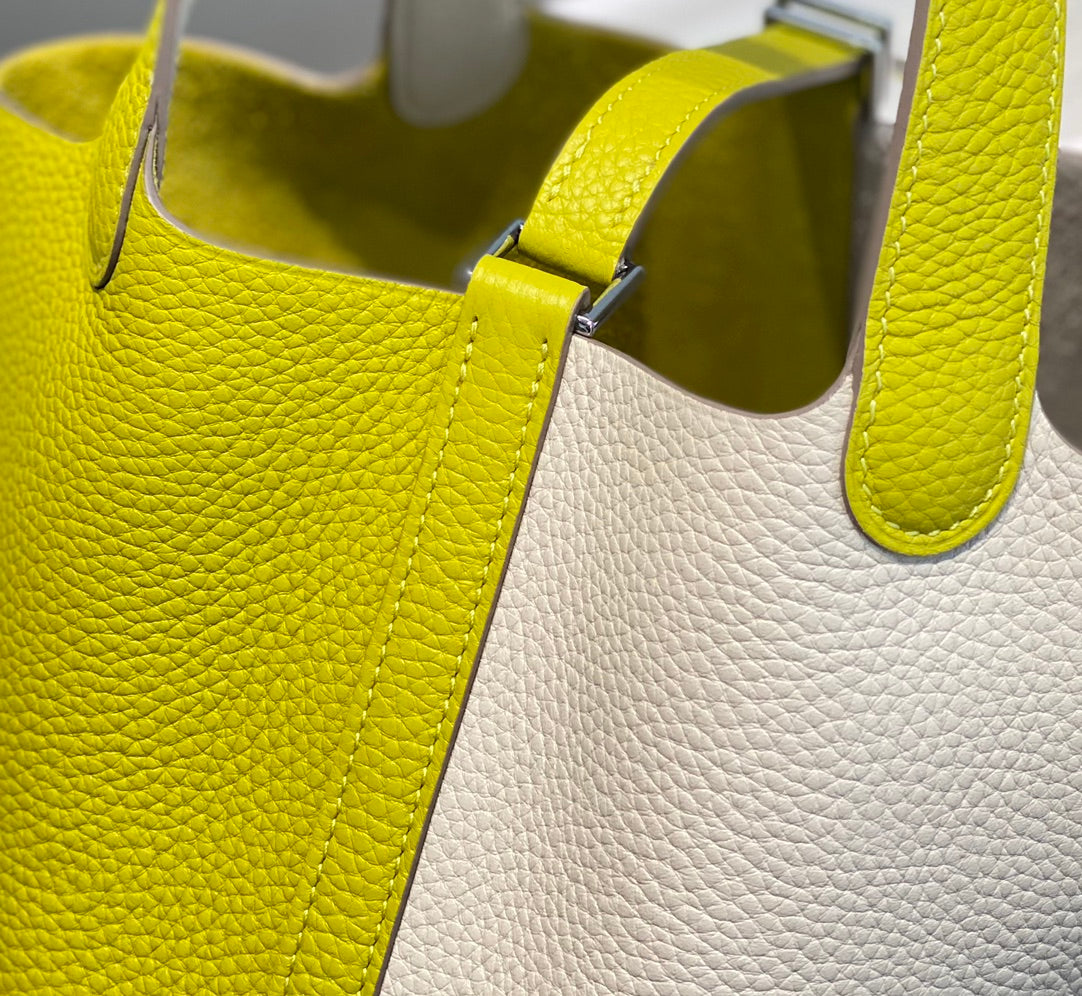 Hermes 25S Picotin Lock 18 in White and Lemon Yellow Calfskin Silver Hardware Bag