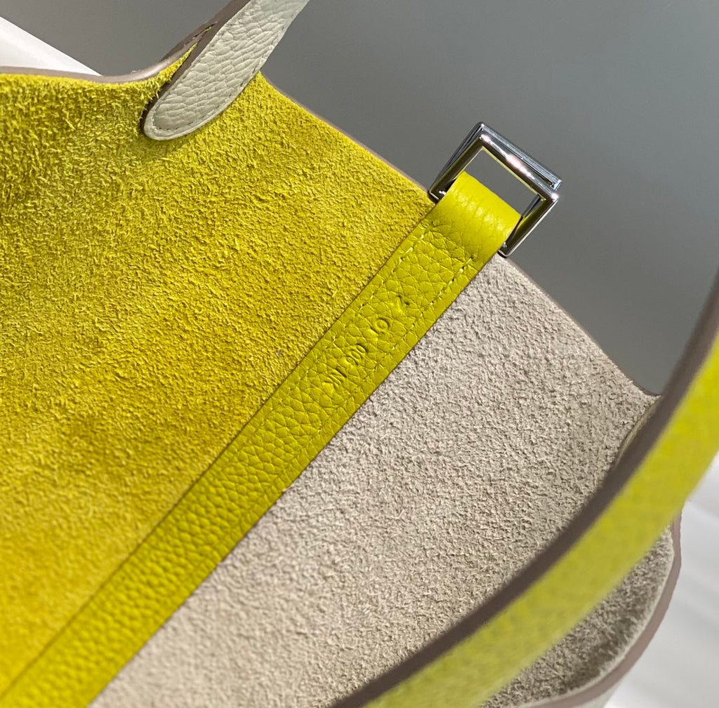 Hermes 25S Picotin Lock 18 in White and Lemon Yellow Calfskin Silver Hardware Bag