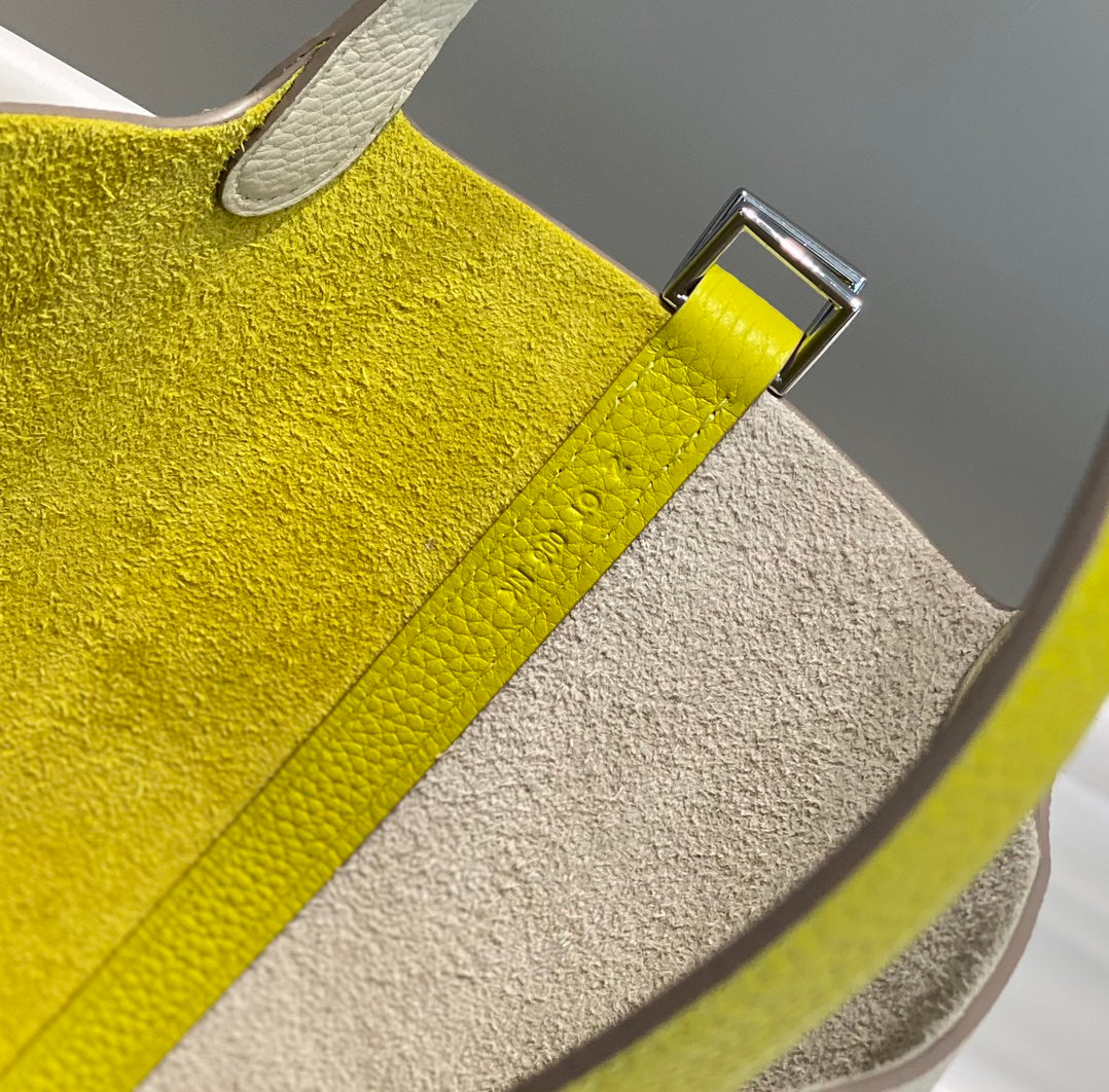 Hermes 25S Picotin Lock 18 in White and Lemon Yellow Calfskin Silver Hardware Bag